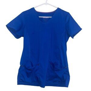 Purple Label Yoga Womens V-Neck Blue Scrub Top With Pockets Size M